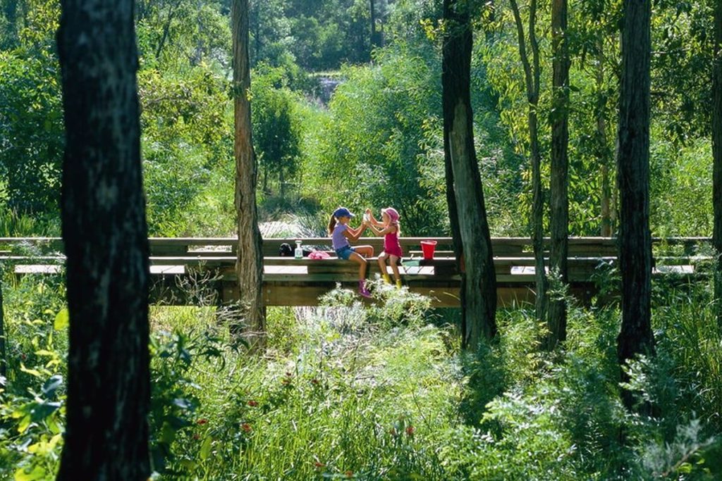 Two girls playing on a bridge.