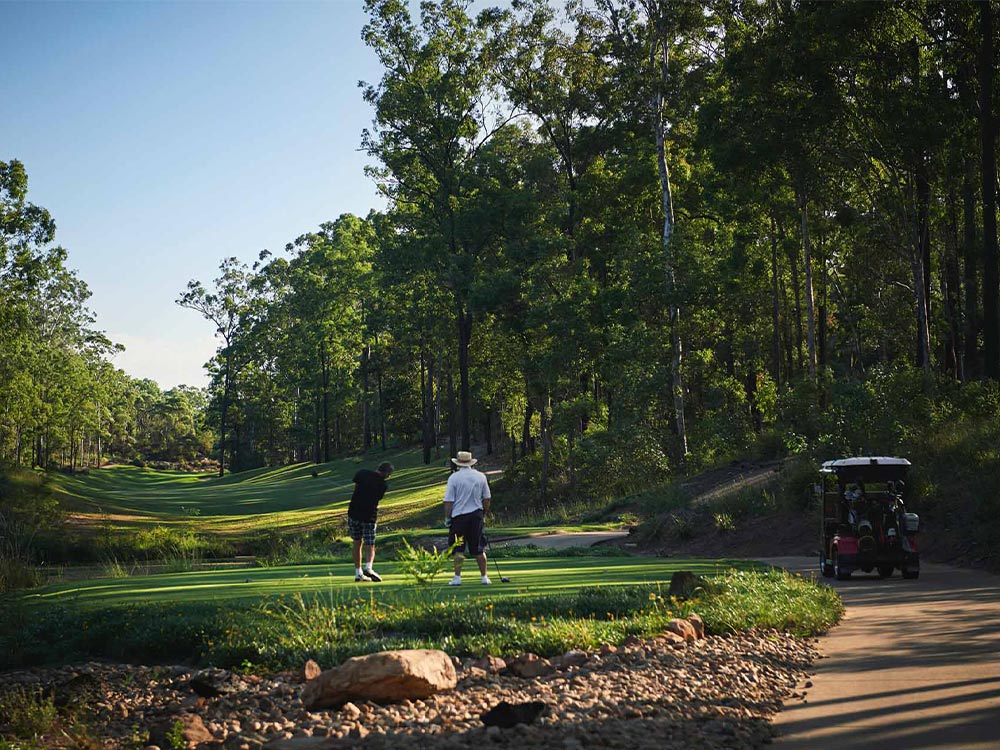 Two people playing golf.